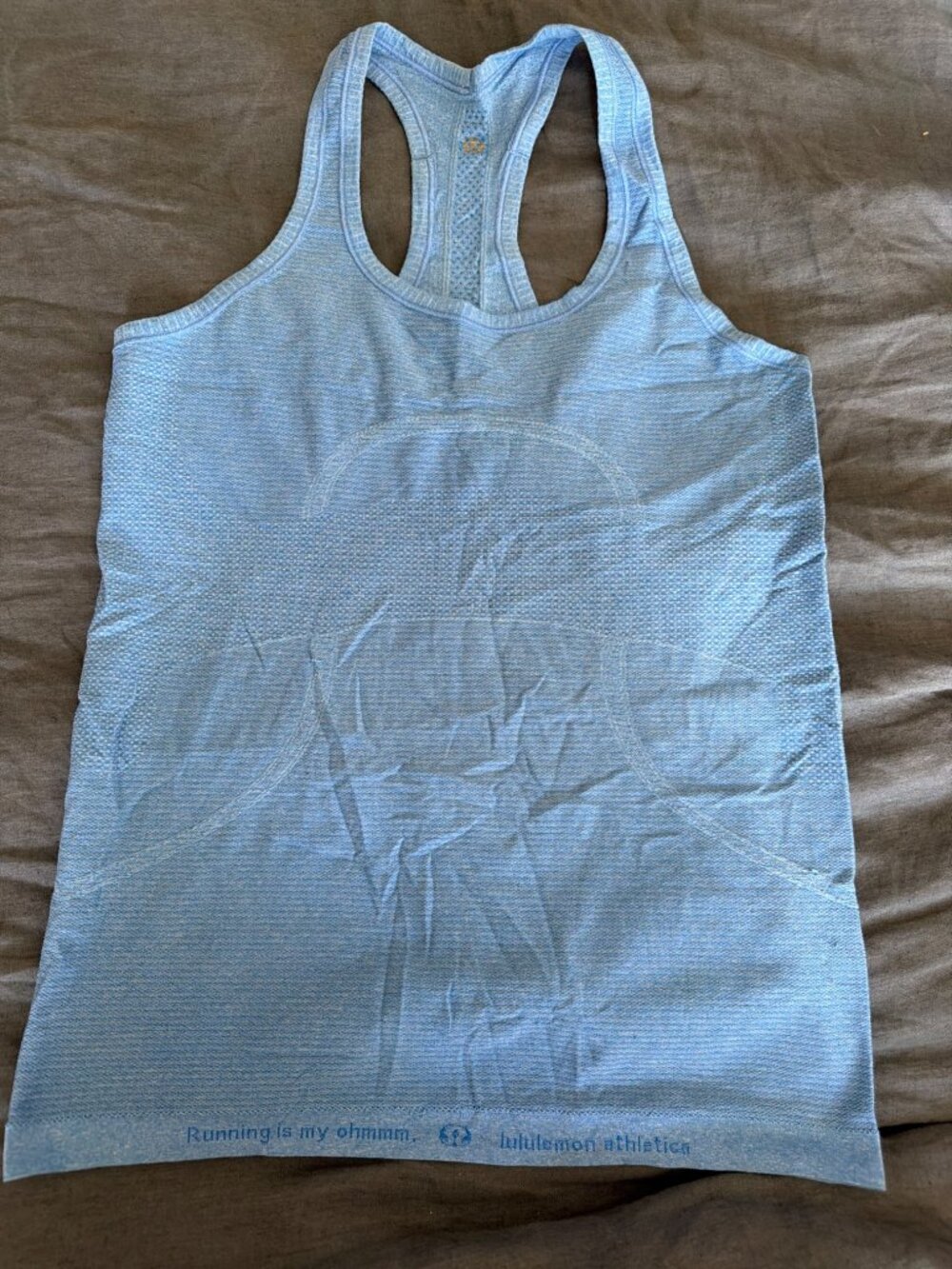 **Lululemon Blue Seamless Racerback Running Tank “Running Is My Ohmmm”**
